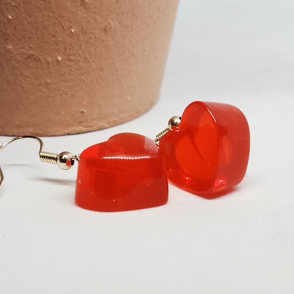 Handmade Dark Orange/Red Jelly Translucent Heart Dangle Drop Earrings 1.5 inches